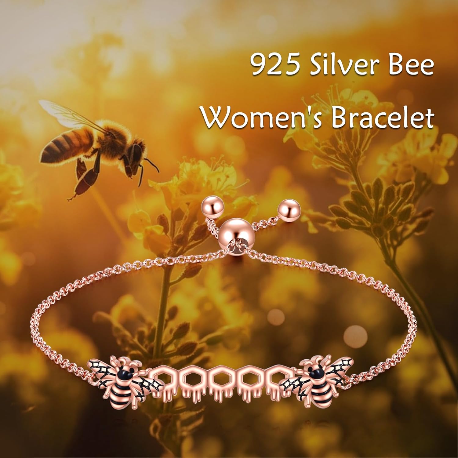 VONALA Bee Bracelet Bee Bracelet for women 925 Sterling Silver Plated with 14K Rose Gold Bracelet for Women - Image 3