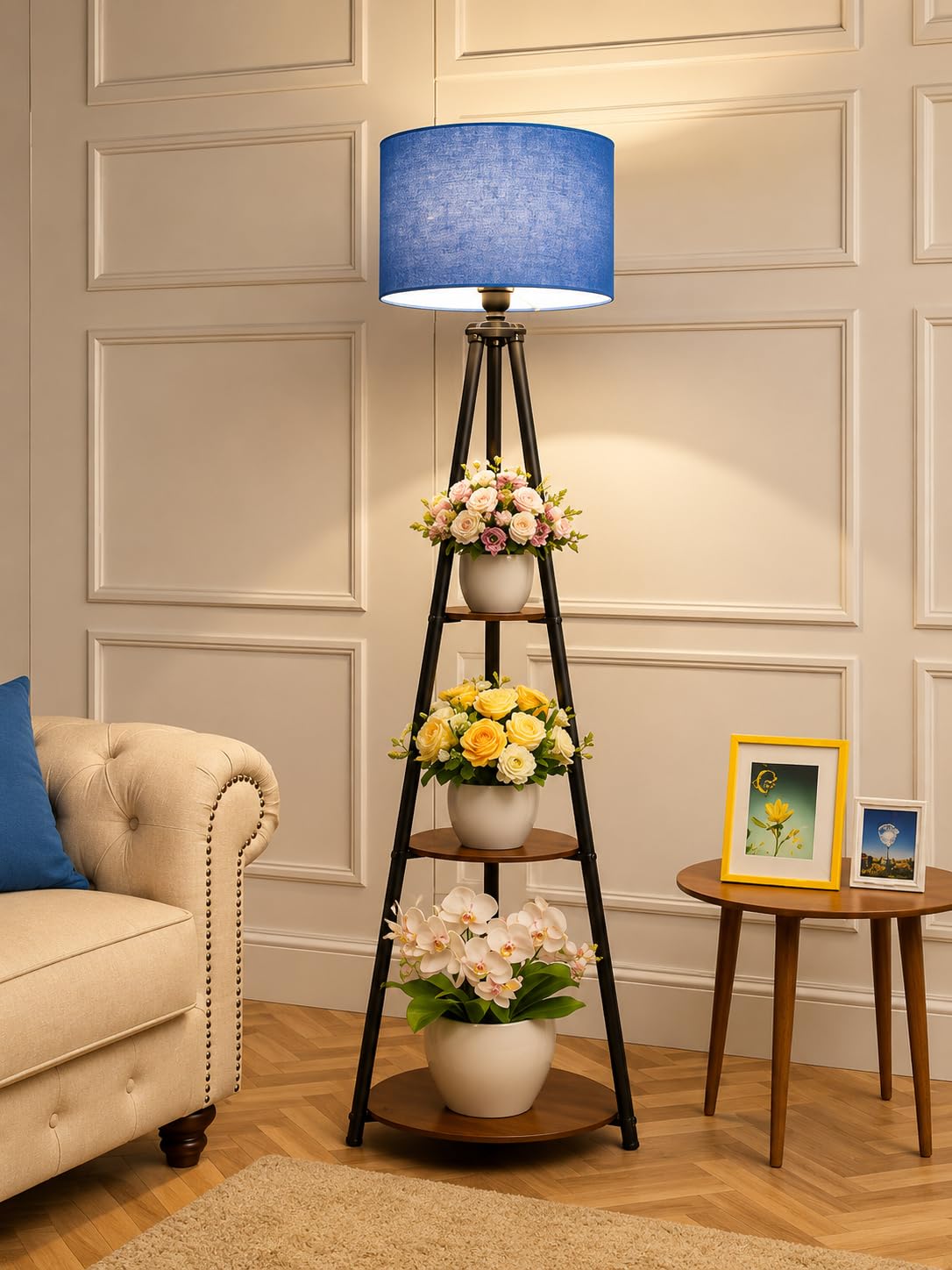 Tripod Floor Lamp with 3-Tier Plant Stand & Blue Fabric Lampshade