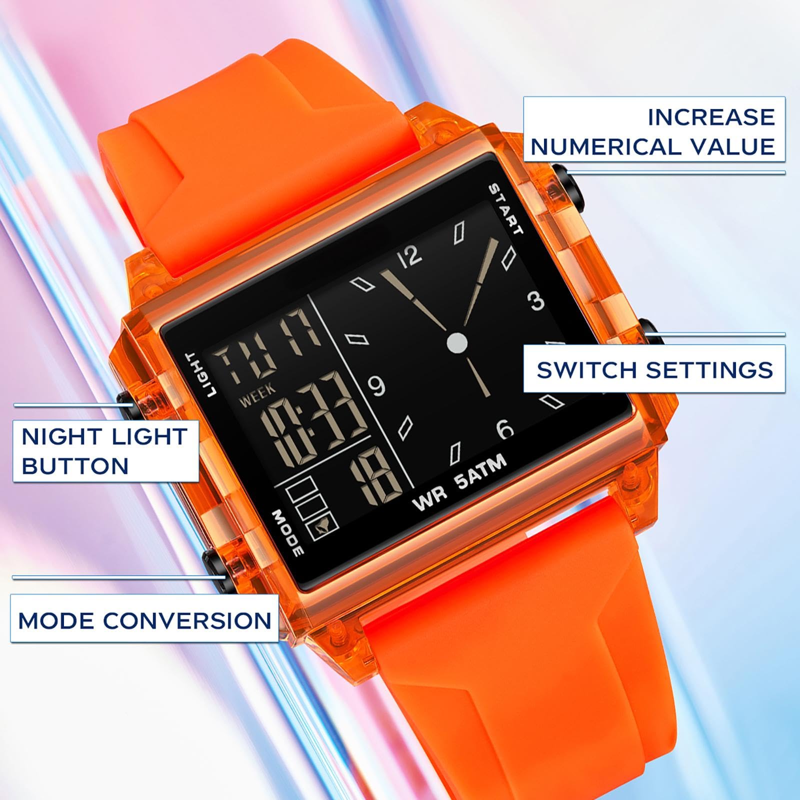 findtime Relojes digitales para hombres y mujeres, impermeable, único, rectangular, cronómetro, alarma de cuenta regresiva, correa de silicona analógica, funda transparente