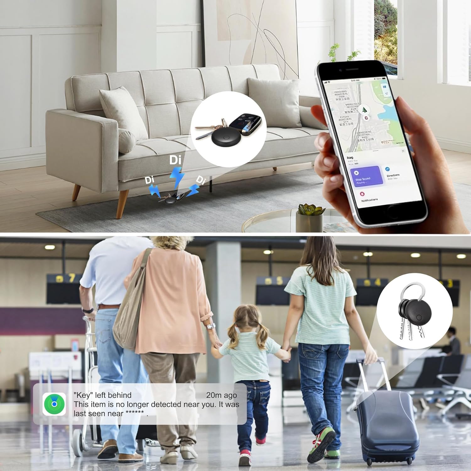 Two scenes: a Smart Tag on a sofa with keys, and people at an airport with luggage and a 'left behind' notification