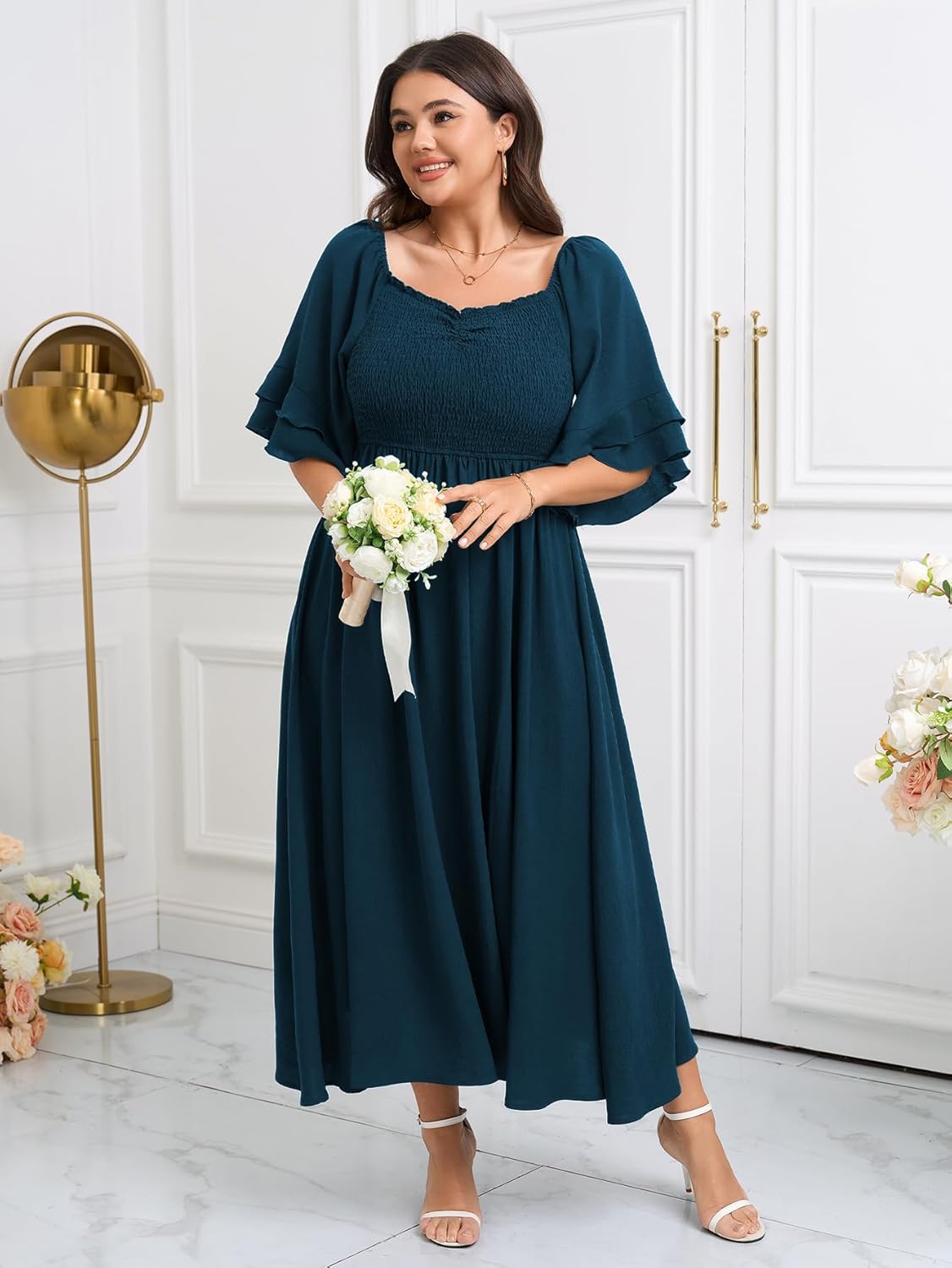 SCOMCHIC Womens Plus Size Maxi Dresses Smocked Square Neck Short Sleeve Wedding Guest Formal Flowy A-Line Long Dress - Image 4