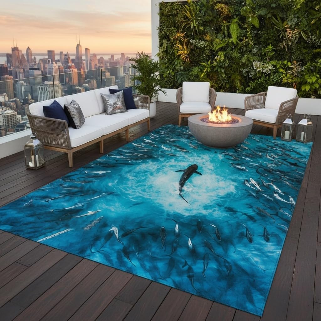 Dark Ocean Blue Coastal Theme Shark Schools Print Waterproof Indoor Outdoor Rug for Patio Pool Deck Backyard Machine Washable No Skid Balcony Garden Outside Rug Kitchen Laundry Floor Carpet 3x5