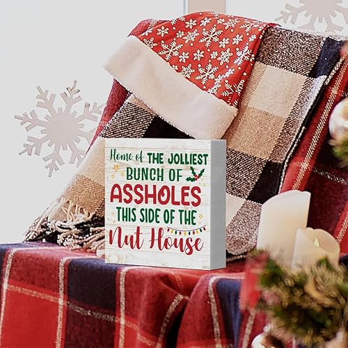 Miniatura 6 de Cartel de madera divertido con texto en inglés Merry Christmas Home of the Jolliest, decoración de obras de arte de Papá Noel, letrero cuadrado de