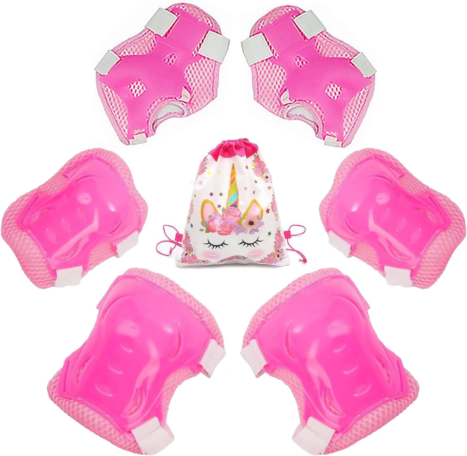 JNOUCS Knee Pads For Kids, 6 Pcs Kids Knee Pads Set With Unicorn Drawstring Bag, Adjustable Protective Gear, Easter Gifts For Kids For Roller Skates Scooter Skating Riding Cycling (Pink)