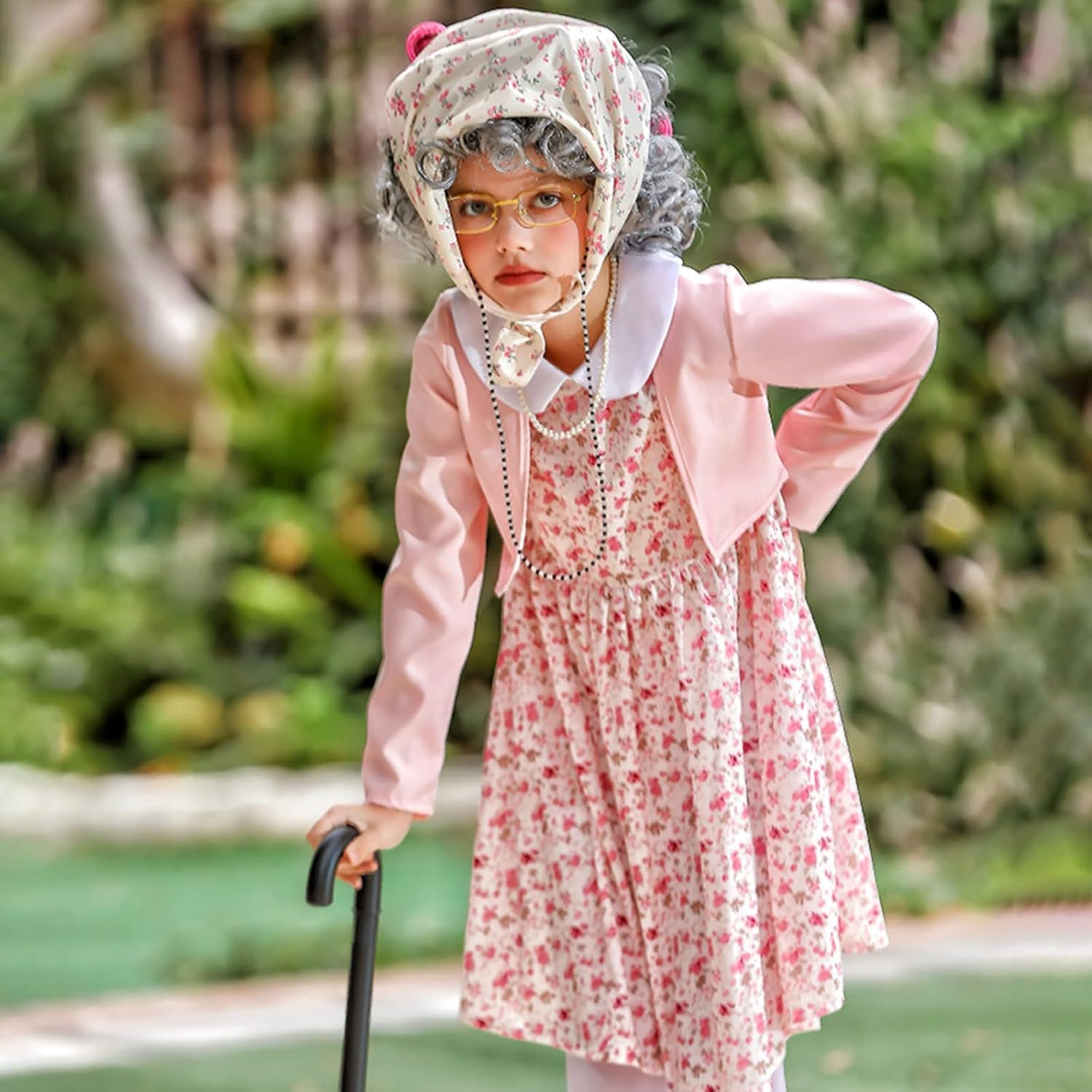 100 Days of School Outfit Old Lady for Kids 100th Day of School Uniform Girls Wig Granny Grandma Dress Suit 10 Piece Set
