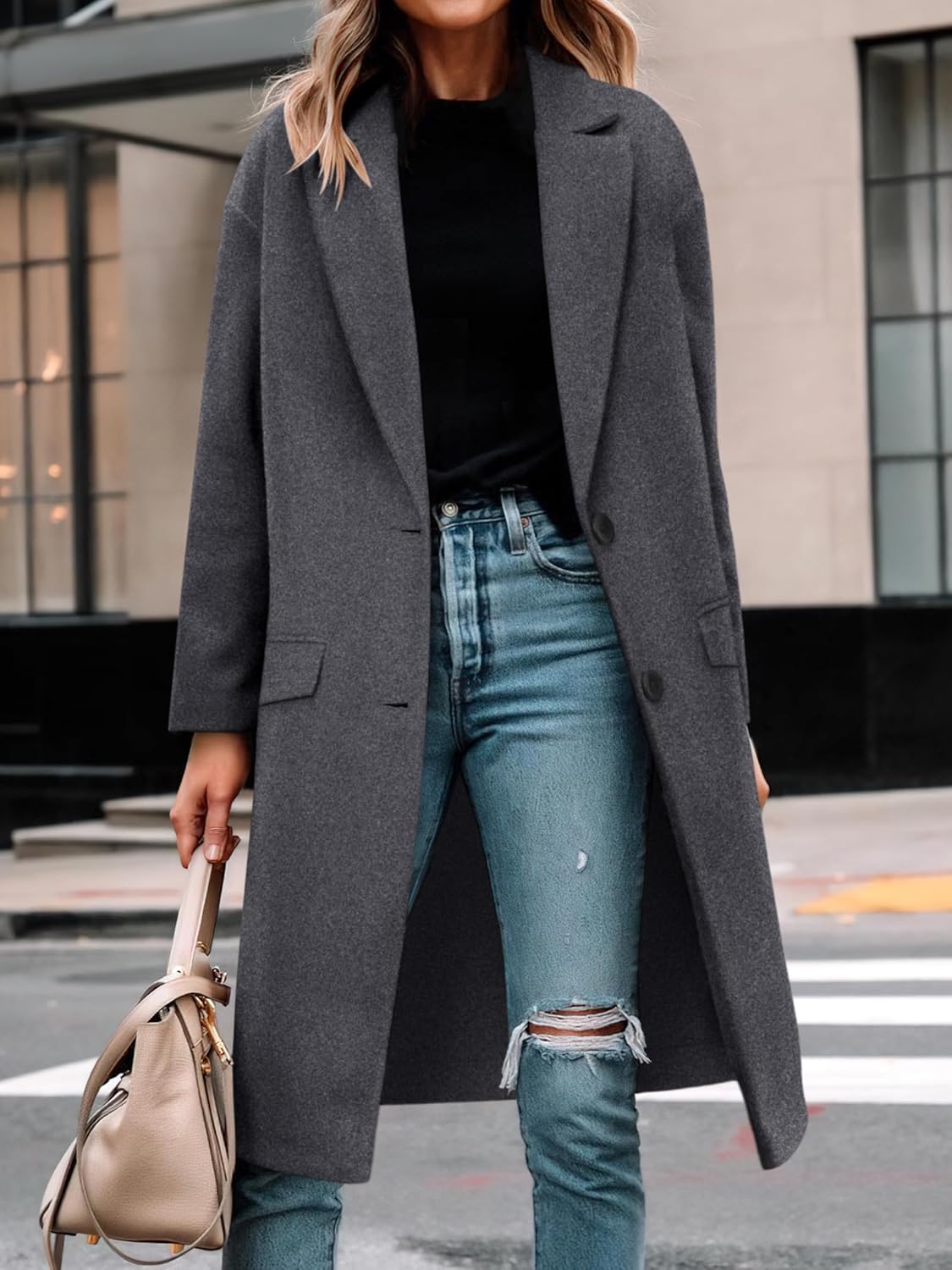 ANRABESS Womens Peacoat Notched Lapel Collar Single-Breasted Trench Coats Loose Casual Long Jacket 2025 Fall Winter Outerwear - Image 2