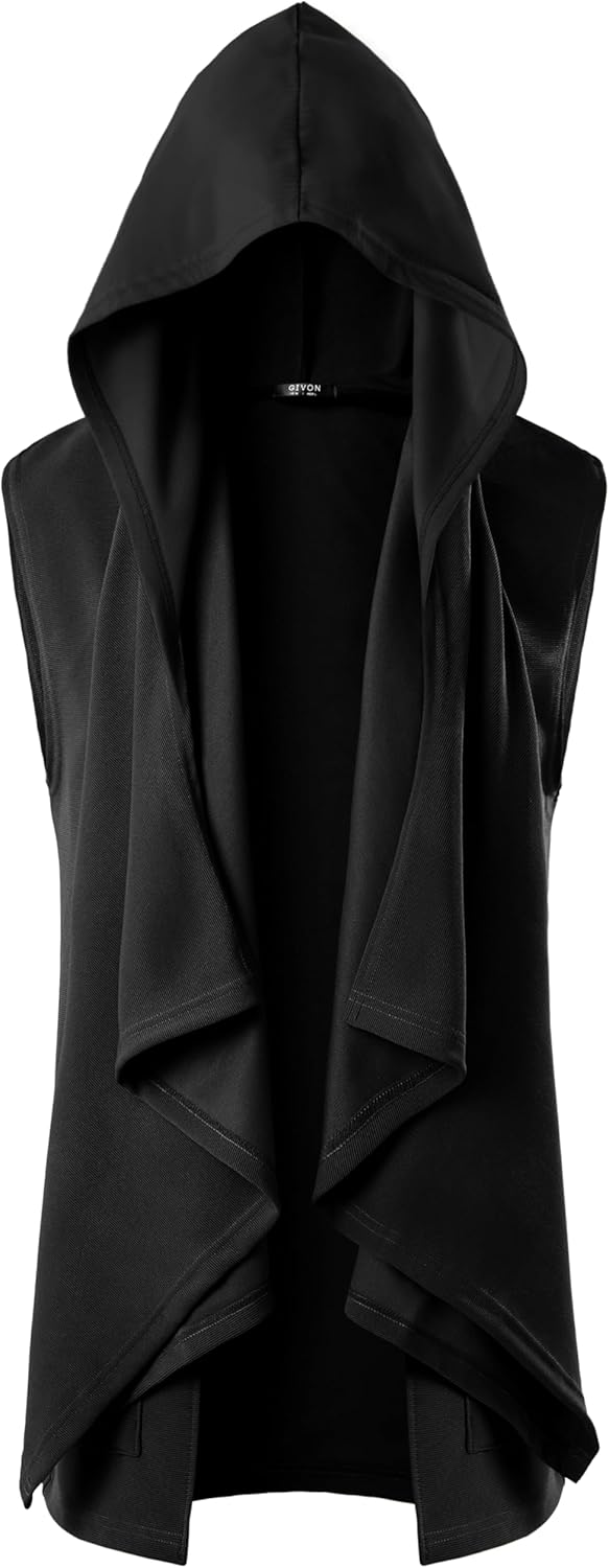 GIVON Mens Sleeveless Ruffle Shawl Collar Cardigan Lightweight Long Hooded Vest Sweater - Image 2