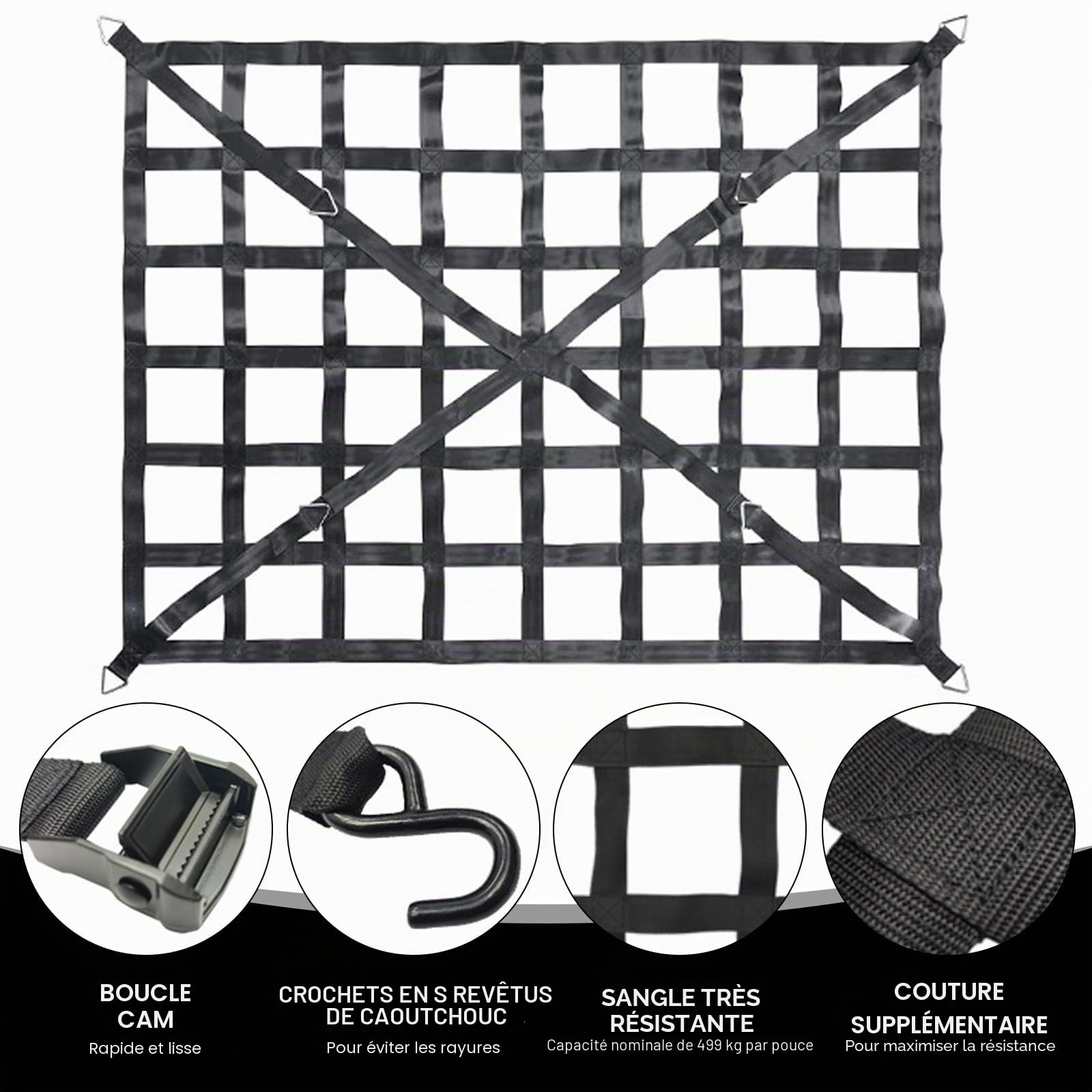 LIROPAU Filet de Chargement pour Pickup Camion Plateau de Chargement | Réglable Filet à bagages lourd pour SUV pickup camion remorque avec 4 sangles fixes et gants (167cm x 127cm)
