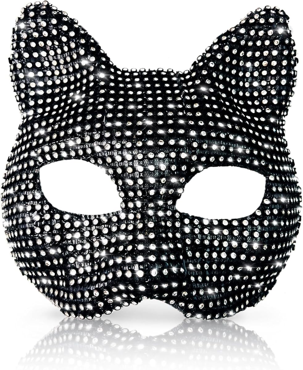 Disfraz de gato para mujer: gargantilla, guantes, máscara de diamantes de imitación, cola y accesorios