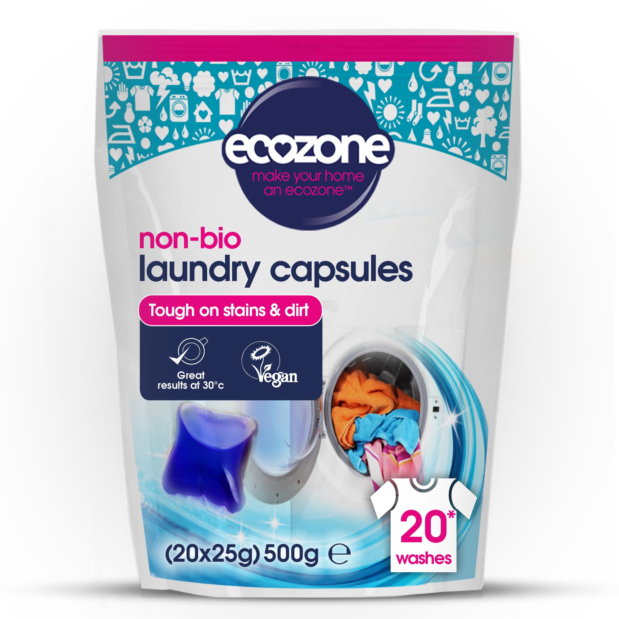 Non Bio Laundry Capsules, Highly Concentrated Washing Detergent Pods, Effective Cleaning for Clothing & Fabrics, Gentle Natural Eco Friendly Vegan Formula (20 Tabs)