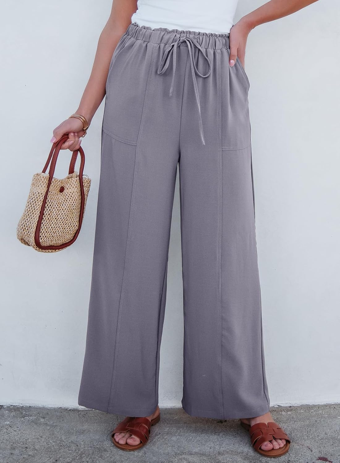 Dokotoo Women's Flowy Wide Leg Summer Pants 2025 Casual Beach Pants High Waisted Drawstring Palazzo Trousers with Pockets - Image 2