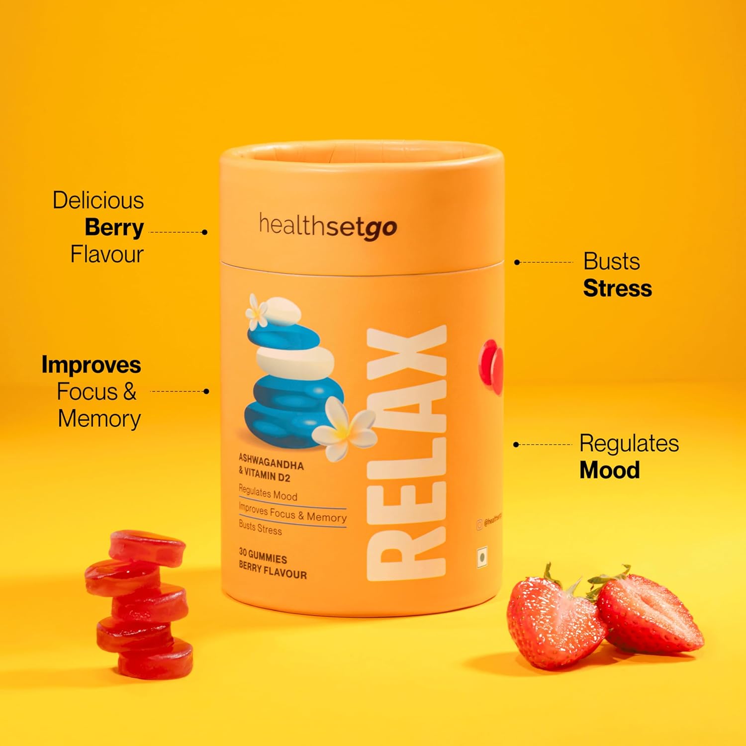 HealthSetgo Stress Relief Ashwagandha Gumis | Vitamin D | Increases mood and focus. Additional strength | Gluten and gelatin free | Male and female | Berry Flavor | 30 packs HealthSetgo Stress Relief Ashwagandha Gumis | Vitamin D | Increases mood and focus. Additional strength | Gluten and gelatin free | Male and female | Berry Flavor | 30 packs