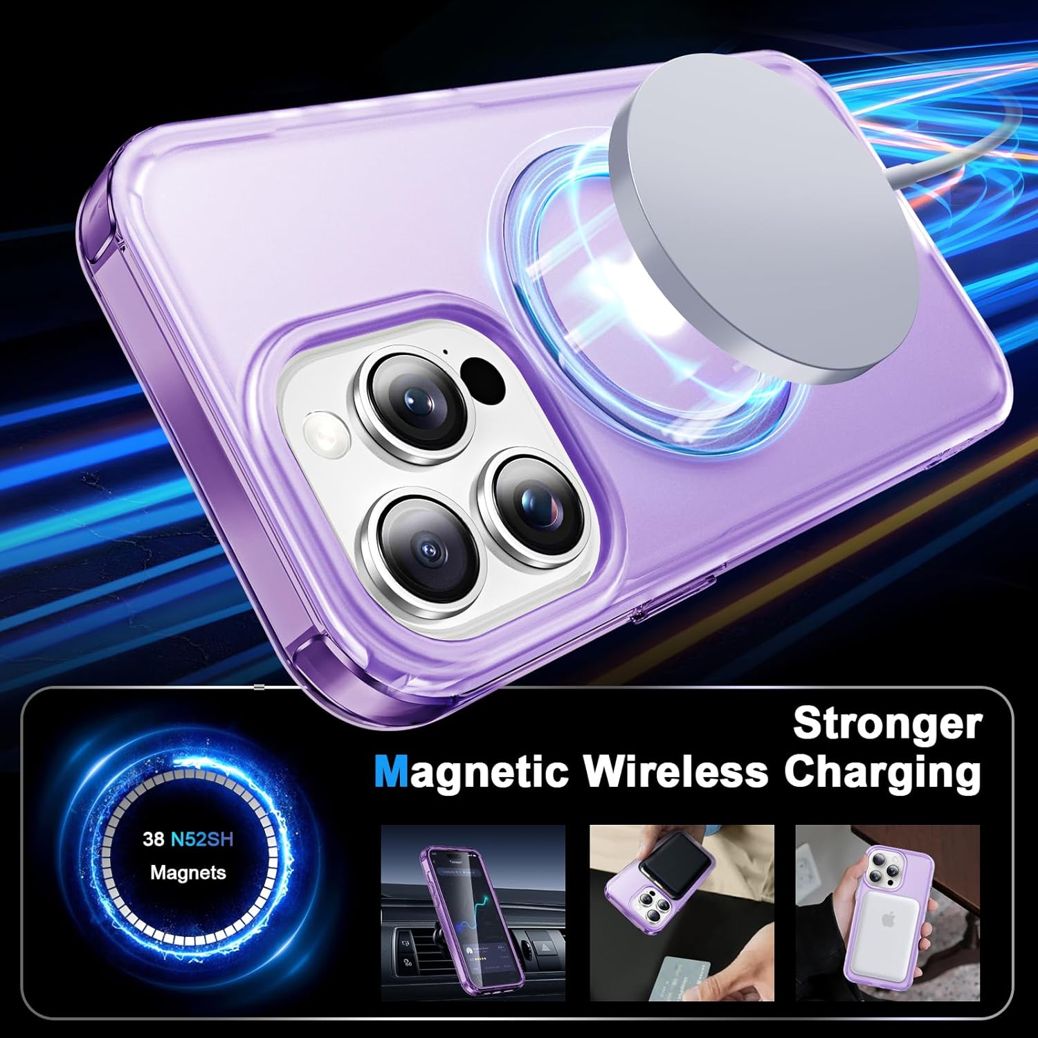 for iPhone 14 Pro Full Body Shockproof Case with Magnetic Invisible Stand [Compatible with MagSafe] Built-in Screen Protector Military Drop ProtectionTranslucent Phone Cover -Purple