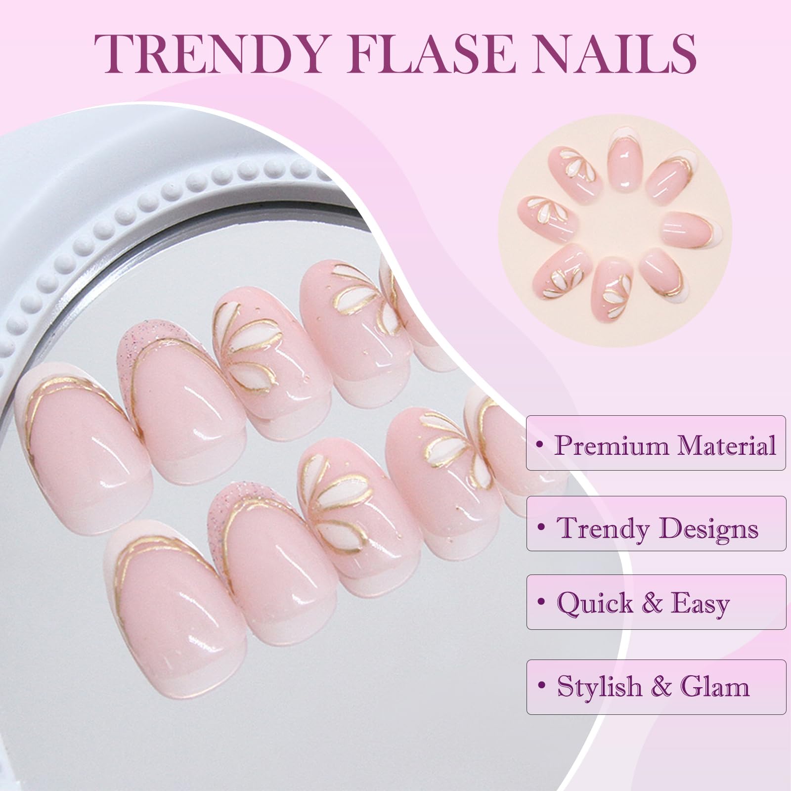 24PCS French Press on Nails Short Almond Shape with 3D Gold Flower Design - Image 3