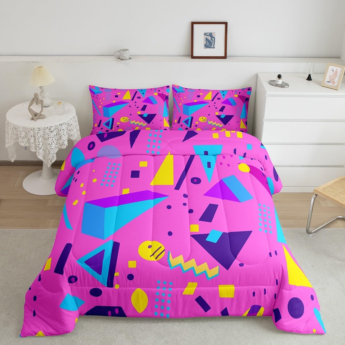 80s Bedding Set Memphis Pattern Old Fashion Quilt,Vintage 90s Memphis Style Comforter Set Abstract Geometric Pattern Retro Duvet Insert Full,Rainbow Urban Modern Circles Triangle Room Decor