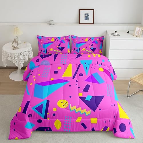 Miniatura 14 de Juego de edredón de estilo de moda de los años 80 y 90, tamaño Queen, patrón retro de estilo Memphis con formas geométricas, juego de ropa de cama