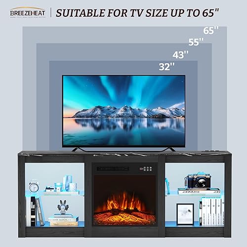 Miniatura 36 de BREEZEHEAT Soporte de TV eléctrico con chimenea de 36 pulgadas de hasta 80 pulgadas, centro de entretenimiento LED con puertas de alto brillo,