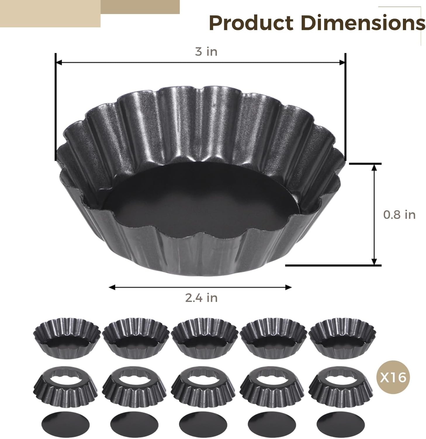 16 Pcs Mini Flower Shape Tart Pans, 3 in Nonstick Carbon Steel Cake Molds for Pudding, Brownies, Quiche, and More