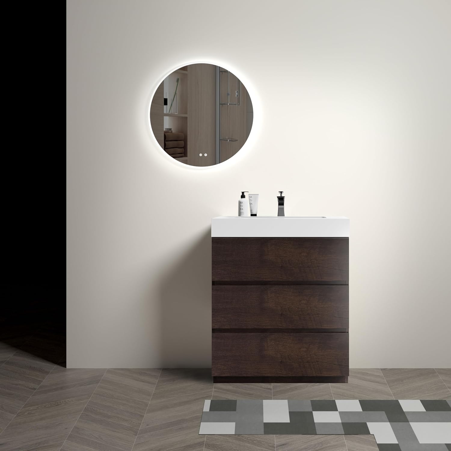 SSLine 30" Floor Stand Bathroom Vanity with Sink Fully Assembled Single Bathroom Vanity Set with White Top Basin & 3 Storage Drawers Classic Rose Wood Vanity Sink Cabinet for Small Space