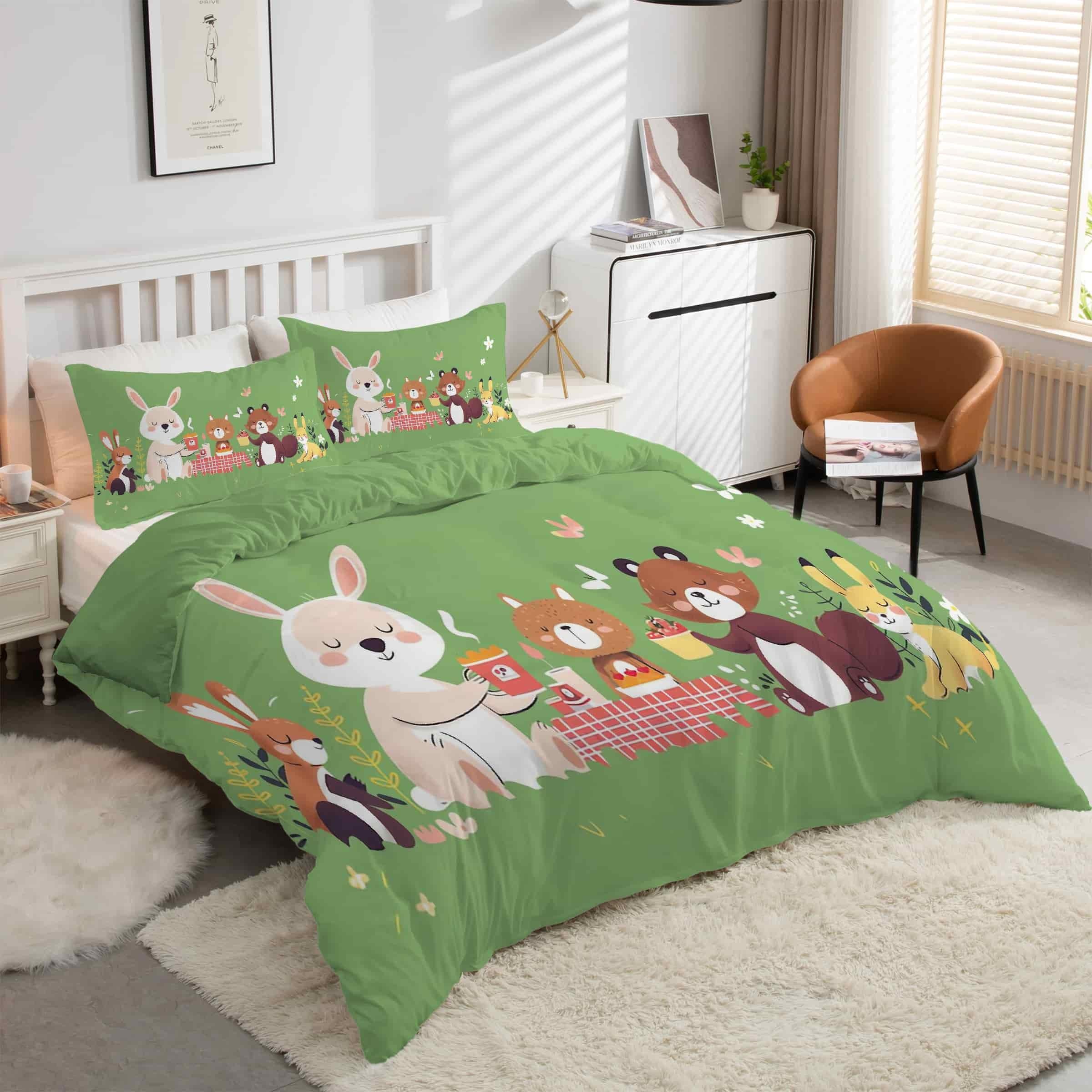 Housse de Couette 160x200 Lapin Lit Enfant Facile à Laver avec Fermeture Éclair