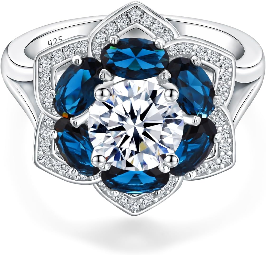 Flower Engagement Promise Ring Sterling Silver Birthstone Rings for Women Sapphire/Emerald/Ruby Gemstone Six Leaf Clover Statement Cocktail Ring Size 6 to 10 - Image 8