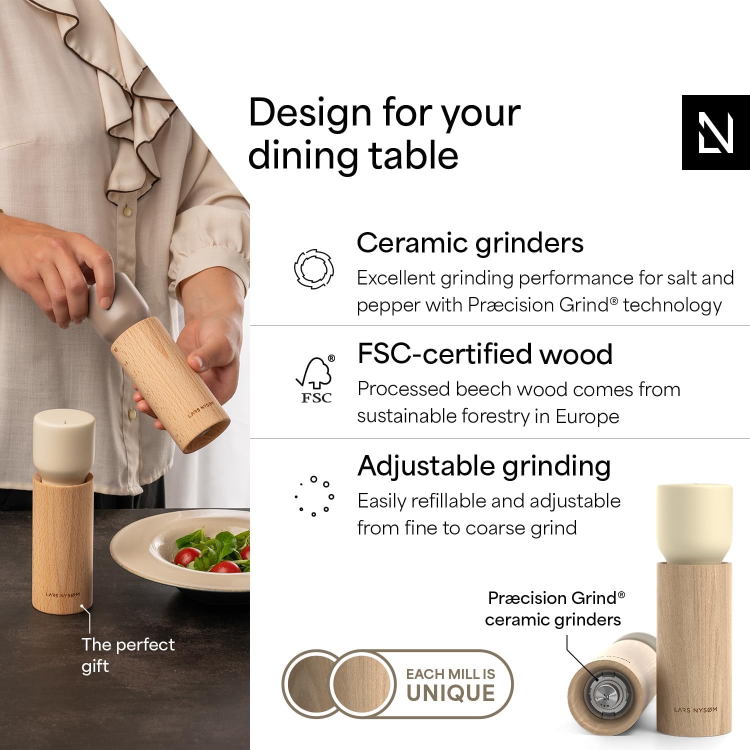 LARS NYSØM Wooden Salt and Pepper Grinder Set Manual - Salt and Pepper Mills with Adjustable Ceramic Grinder - Elegant Beechwood Pepper and Salt Mill Set for Dining Table (Brown/Beige)
