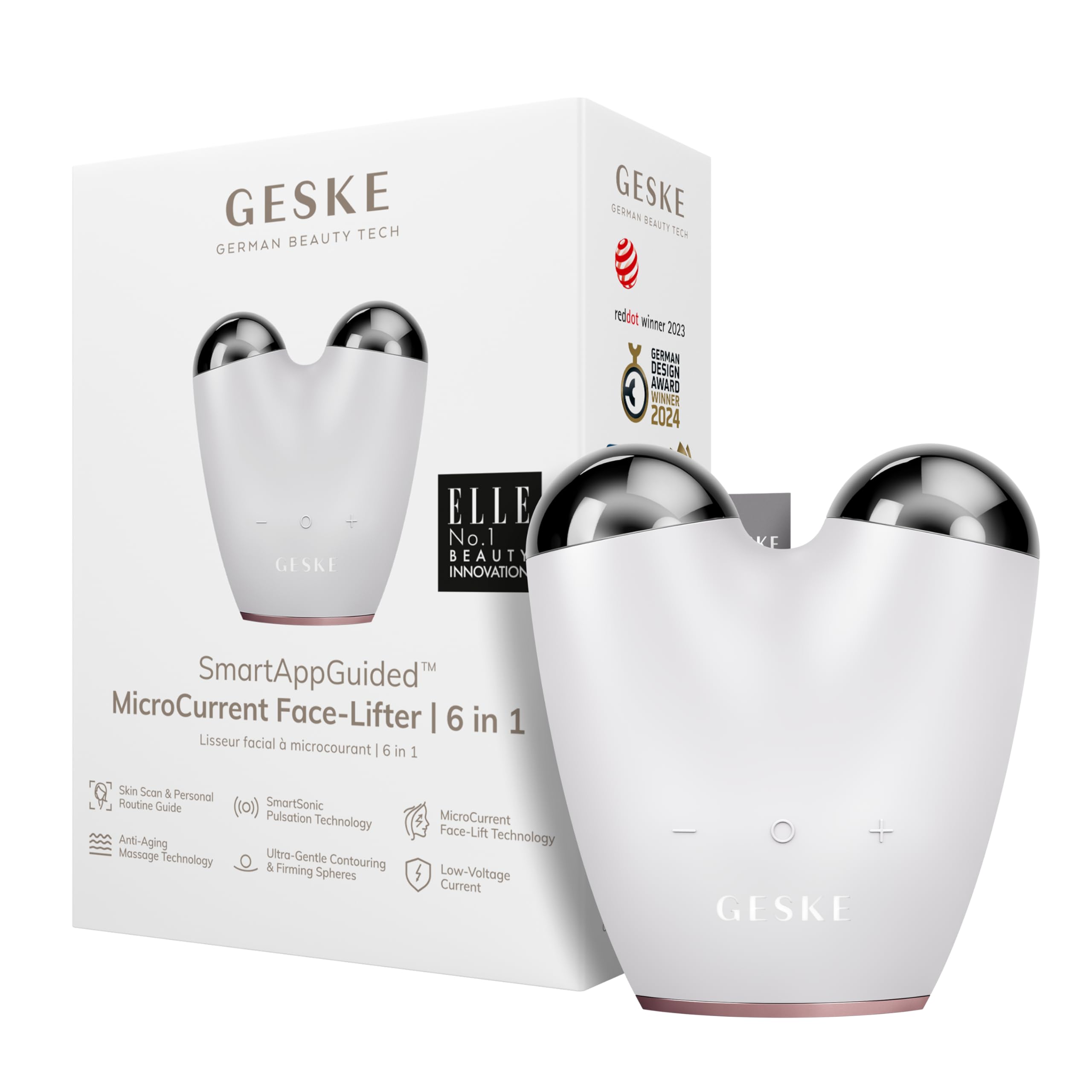 GESKE SmartAppGuided MicroCurrent Face-Lifter 6 in 1 Facial Lifting Face & Jawline Trainer Face Tightening Anti Ageing Device Microcurrent Against Wrinkles Double Chin Remover