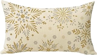 Winter Gold Snowflake Lumbar Decorative Throw Pillow Cover 12 x 20 | Rectangular Golden Glitter Snow Outdoor Home Decor, Christmas Seasonal Sofa Couch Cushion Case