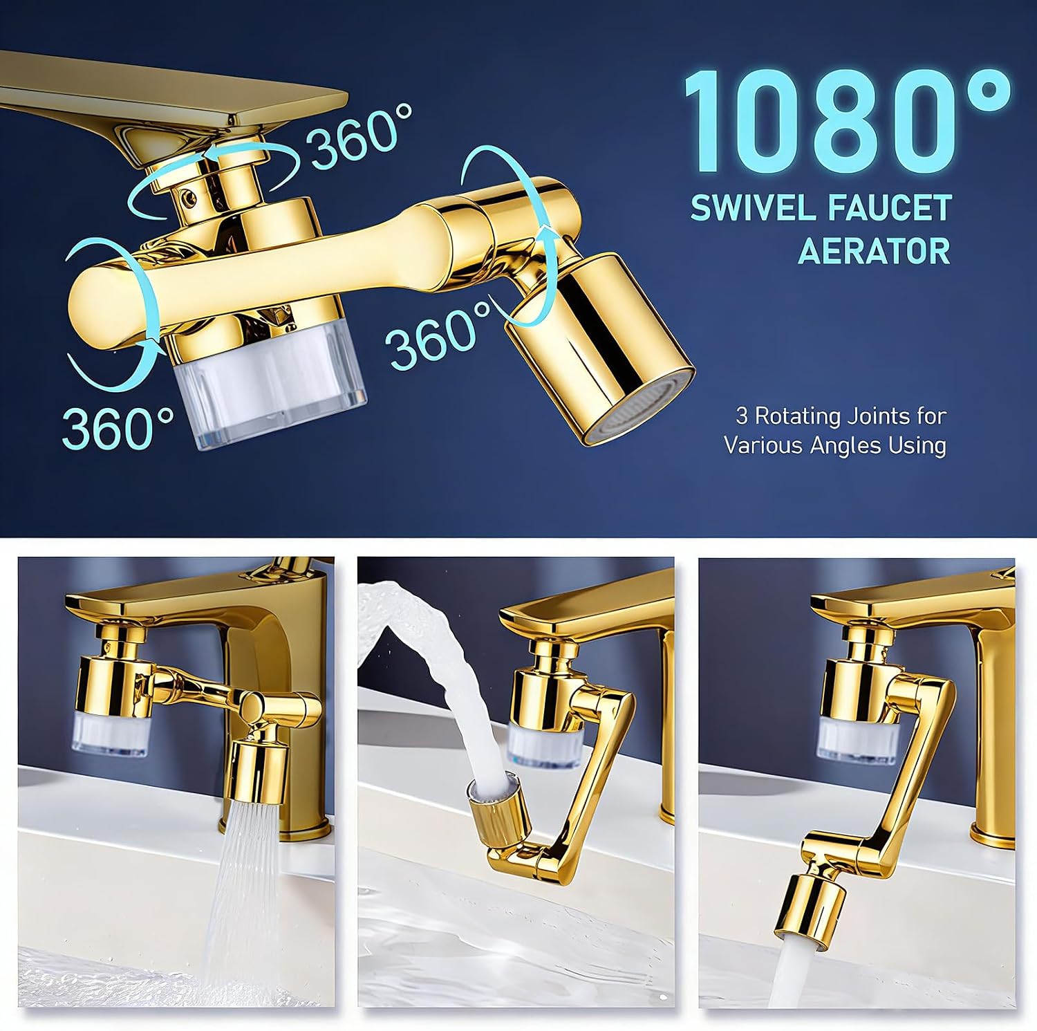 ATQ Sink Faucet Extender Aerator Reduce 99% Lead, Chlorine, 1080° Rotating 2 Modes Spray Attachment for kitchen/Bathroom/Toddlers, 9pcs Filter (Aerator1080 - Bright Gold)