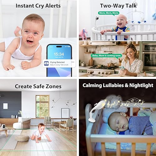 Miniatura 4 de 2K Baby Monitor with Camera and Audio Wireless, No WiFi Needed for Crib Mount, Night Vision Smart Camera, Cry Detection Two-Way Talk, No Monthly Fee