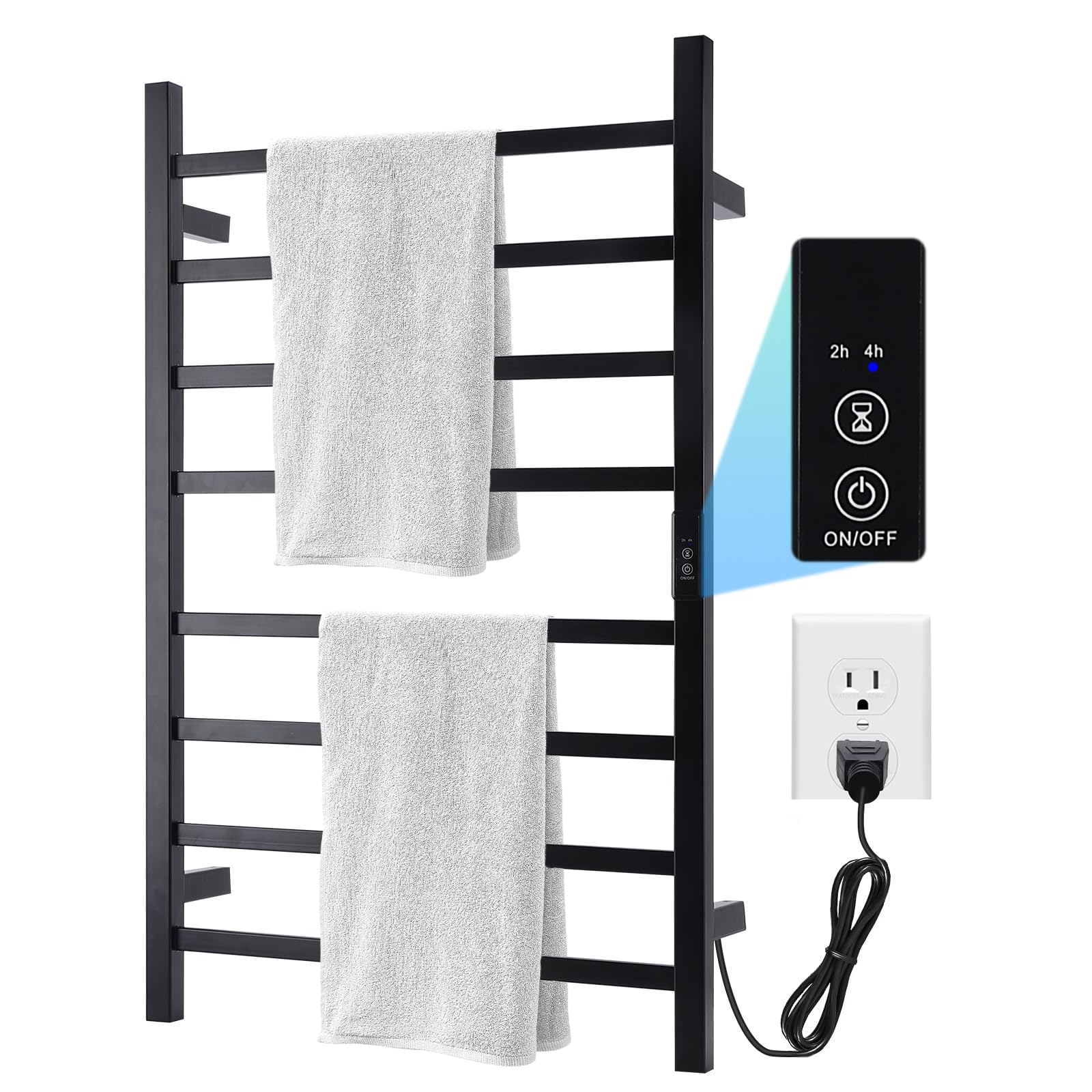 Towel Warmer Heated Towel Bar-Rack - Nopwer Bathroom Wall Mounted Electric Towel Drying Plug-in Matte Black 8 Bars