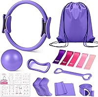 Vista 9 de Home Kit de pilates para mujer, juego de equipo esencial de pilates con anillo de pilates de 14 pulgadas y mini bola, 5 bandas de resistencia y Rosa