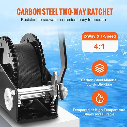 Miniatura 3 de VEVOR Cabrestante de mano, capacidad de tracción de 1200 libras, cabrestante de remolque de barco, manivela de cuerda resistente con correa de