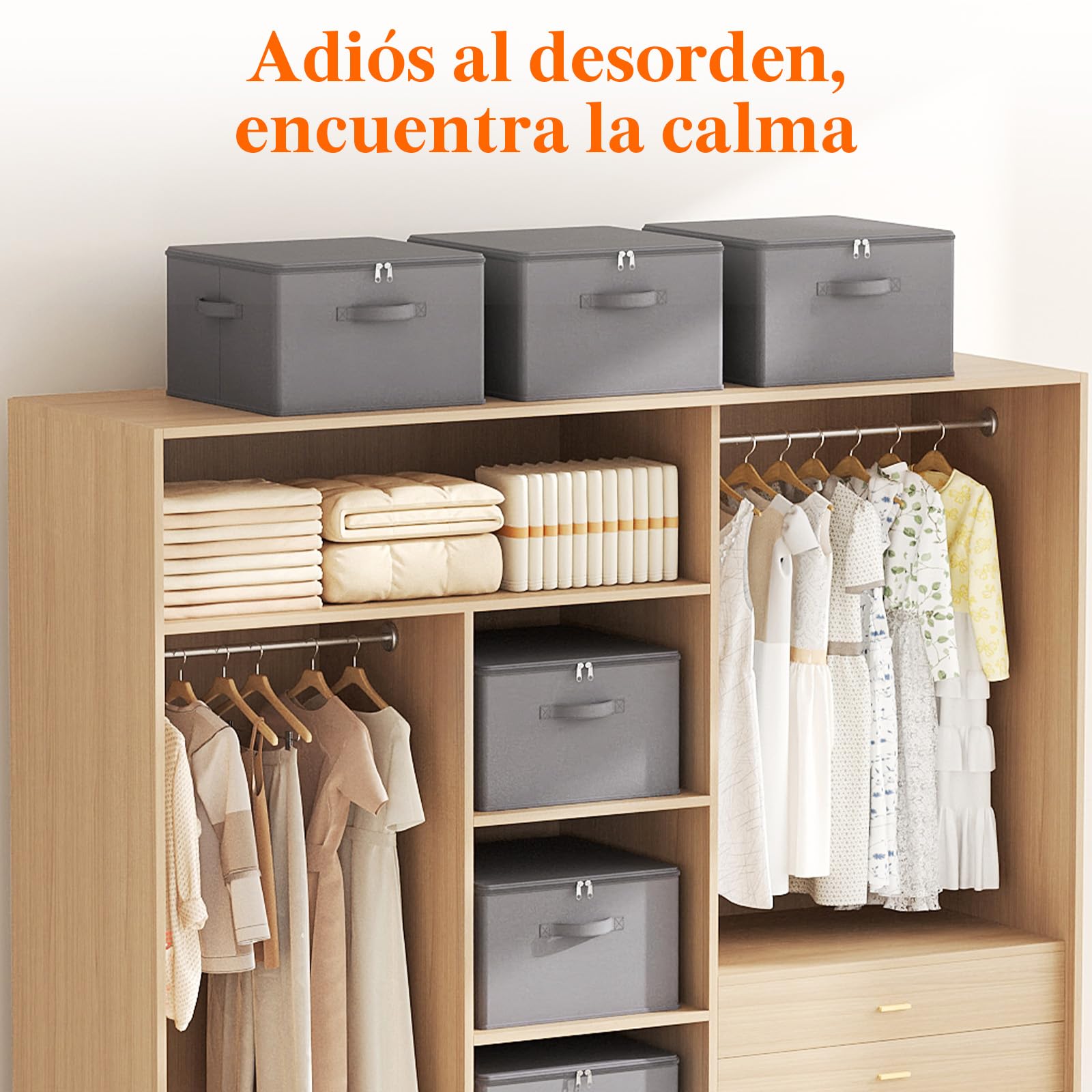 Lifewit Cajas Almacenaje con Tapa, Organizador Armario Rígido, Bolsas Almacenaje Ropa con Cremallera para Ropa y Juguetes, Gris, 40 x 40 x 25 cm, 40L, Juego de 6