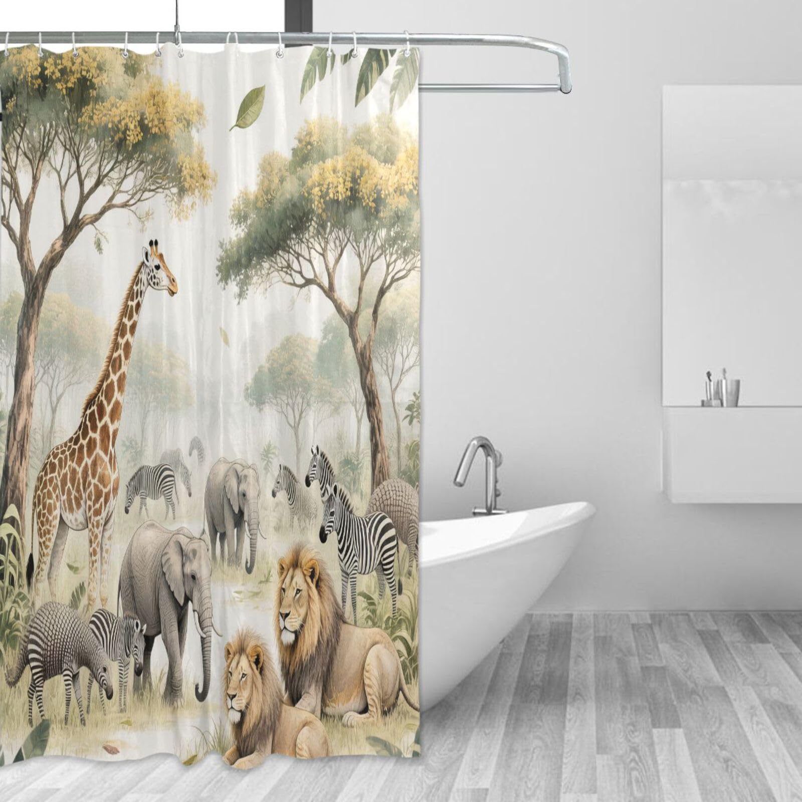 Rideau de douche animaux de safari grand format en tissu lavable résistant avec 12 anneaux