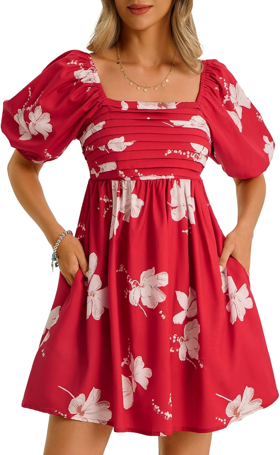 Wenrine Womens Summer Square Neck Mini Dresses Casual Floral Puff Short Sleeve Smocked High Waisted A-Line Babydoll Dress