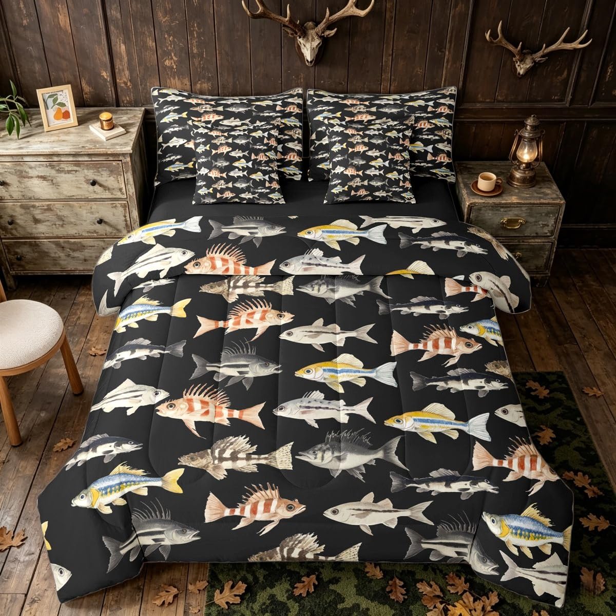 Erosebridal Pike Fish Kids Boys Yellow Black 7 Piece Bedding Set Twin | Fishing and Hunting Comforter Set with Sheets Rustic Farmhouse Bed in A Bag Retro Vintage Bed Sets