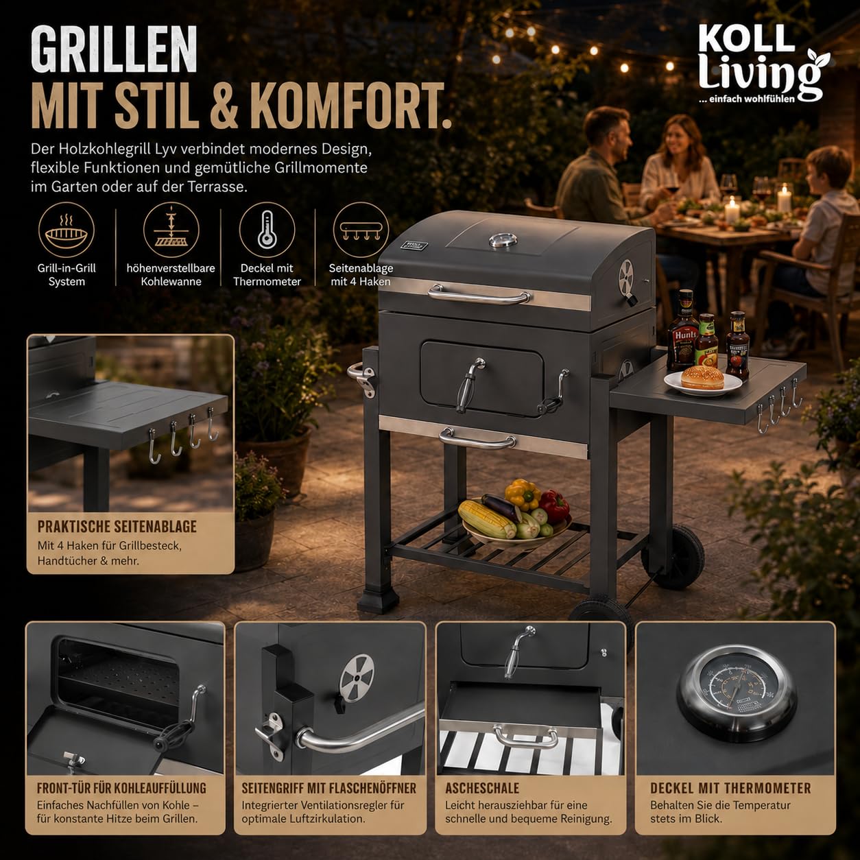 Koll Living Holzkohlegrill Lyv | Grillwagen mit Deckel, Thermometer & höhenverstellbarer Kohlewanne für optimale Hitzesteuerung | Seitenablage & Rollen