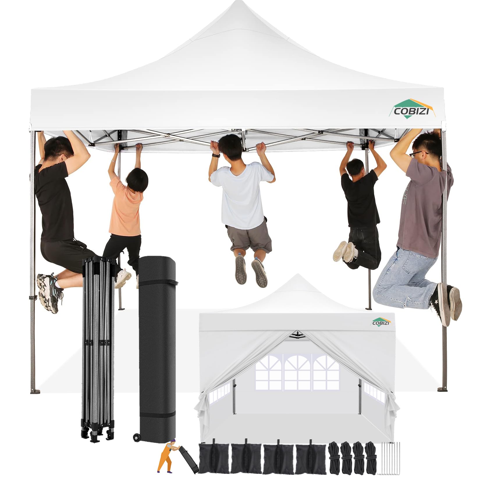 COBIZI Pavillon 3x3 Wasserdicht Stabil Winterfest mit Seitenwand,Weiss | Pop Up Zelt Faltpavillon,Sonnenschutz Pavillion Klappbar Zelte,Gartenparty Strand Hochzeit,Pavilion Faltbar mit Tasche Rollen