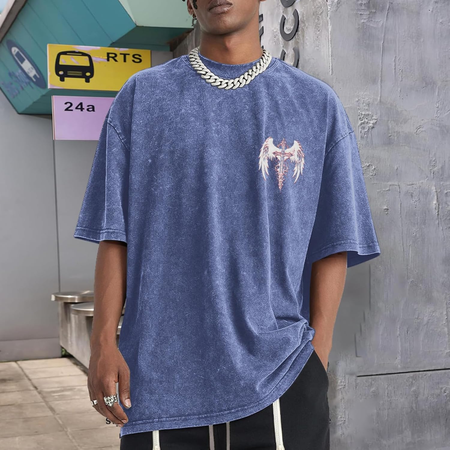 Vintage Goth Punk Shirts for Men Grunge Streetwear Oversized Tshirts Gothic Cross Y2k Graphic Tees Acid Wash T Shirt - Image 2