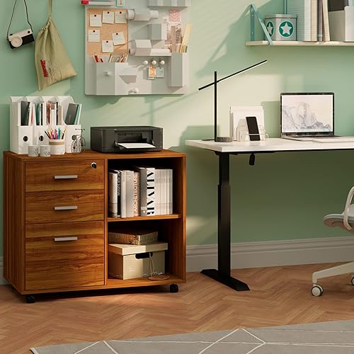 Miniatura 2 de Maxtown Archivador de madera, archivador lateral móvil con cerradura, archivador de 3 cajones con estantes de almacenamiento abiertos, soporte de