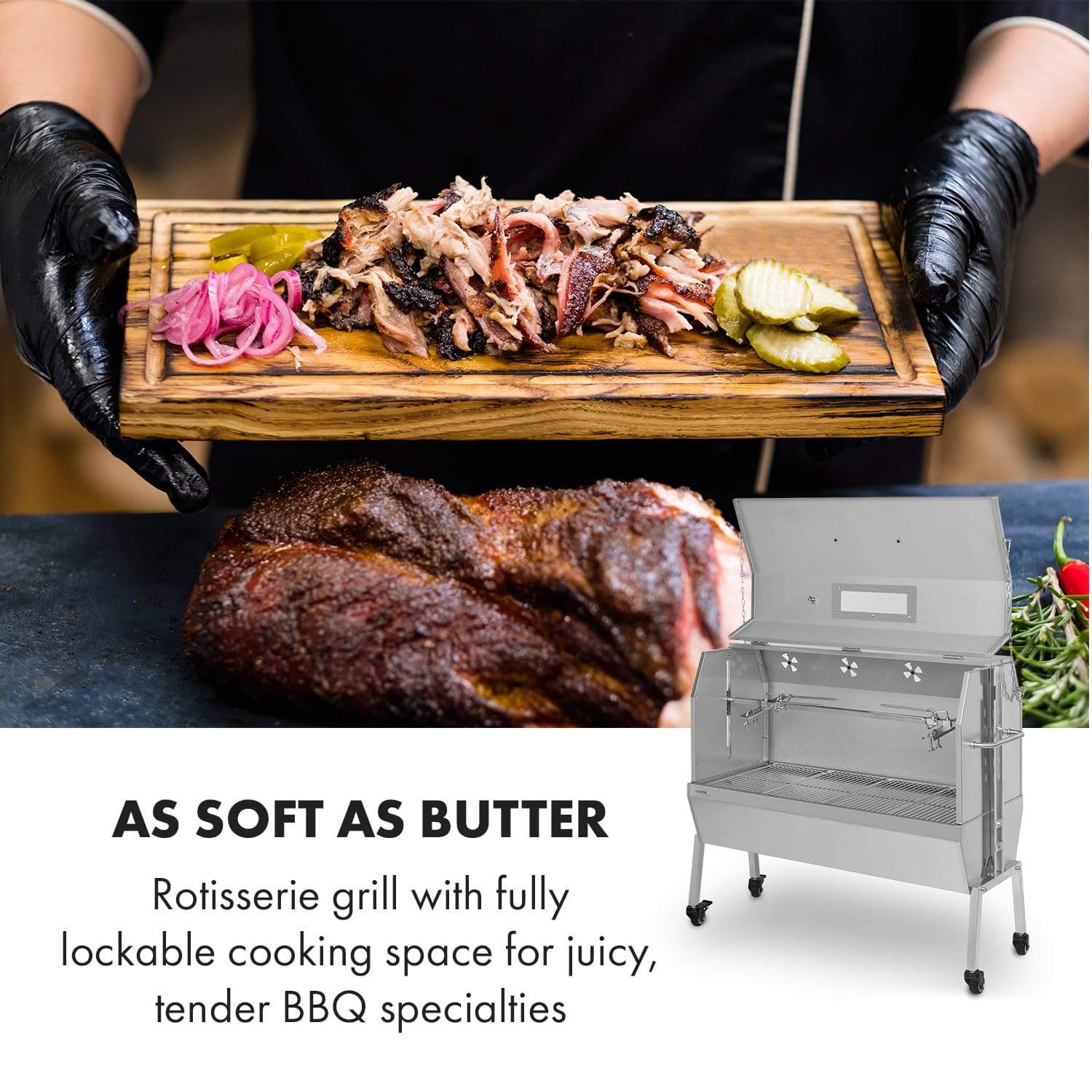 Klarstein Sauenland Pro XL – grill do prosiaków, grill na węgiel drzewny, zamykany pojemnik, silnik elektryczny: 15 W, rożen obrotowy, ruszt do grillowania i nogi ze stali nierdzewnej, srebrny