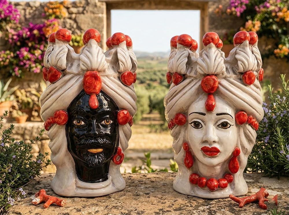 Paire de têtes de moro Caltagirone rouge vase en céramique : cadeau idéal