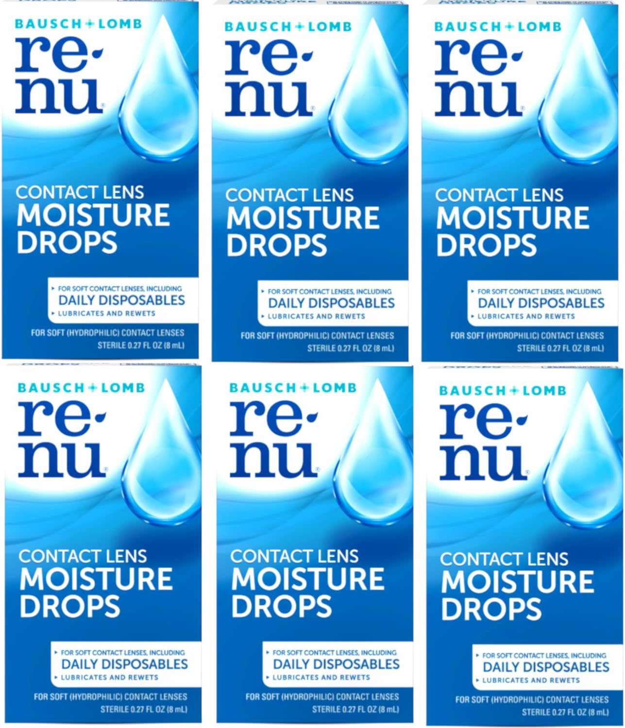 Renu Contact Lens Moisture Drops 0.27 fl oz (8 mL) – Pack of 6