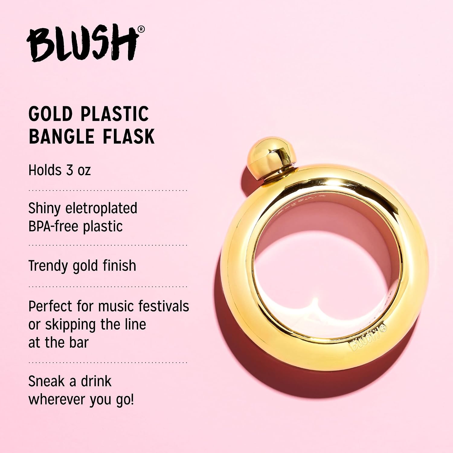 Blush Gold 3 oz Bangle Bracelet Flask for Women, Chic Wrist Jewelry Plastic Hidden Flask for Whiskey, Alcohol & Premixed Cocktails, Bachelorette Party Gifts for Women, Girls Night Essentials, Set of 1