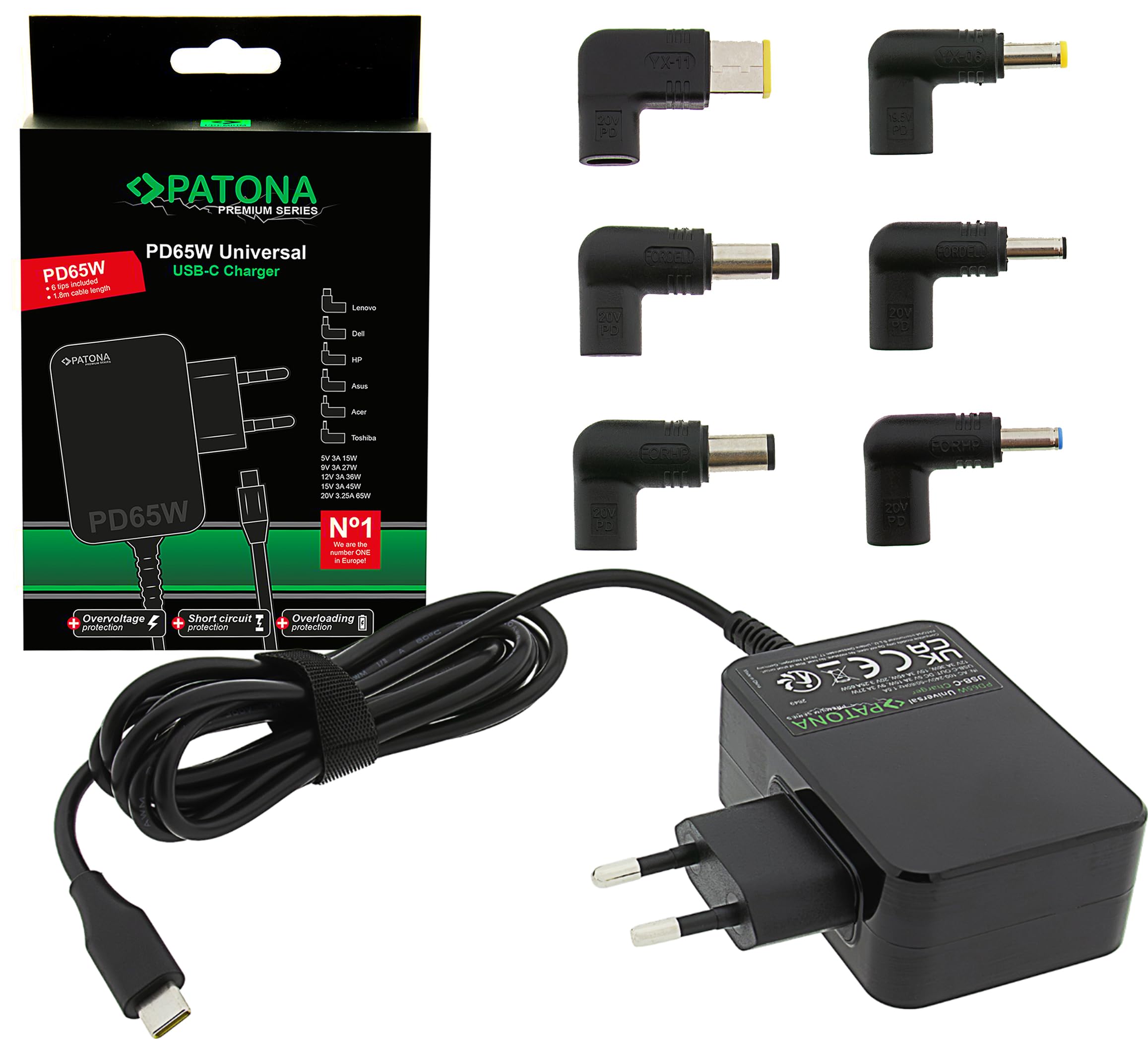 PATONA Adaptateur Secteur PD65W USB-C Power Delivery Chargeur Universel 100-240V Compatible ASUS Lenovo Dell HP