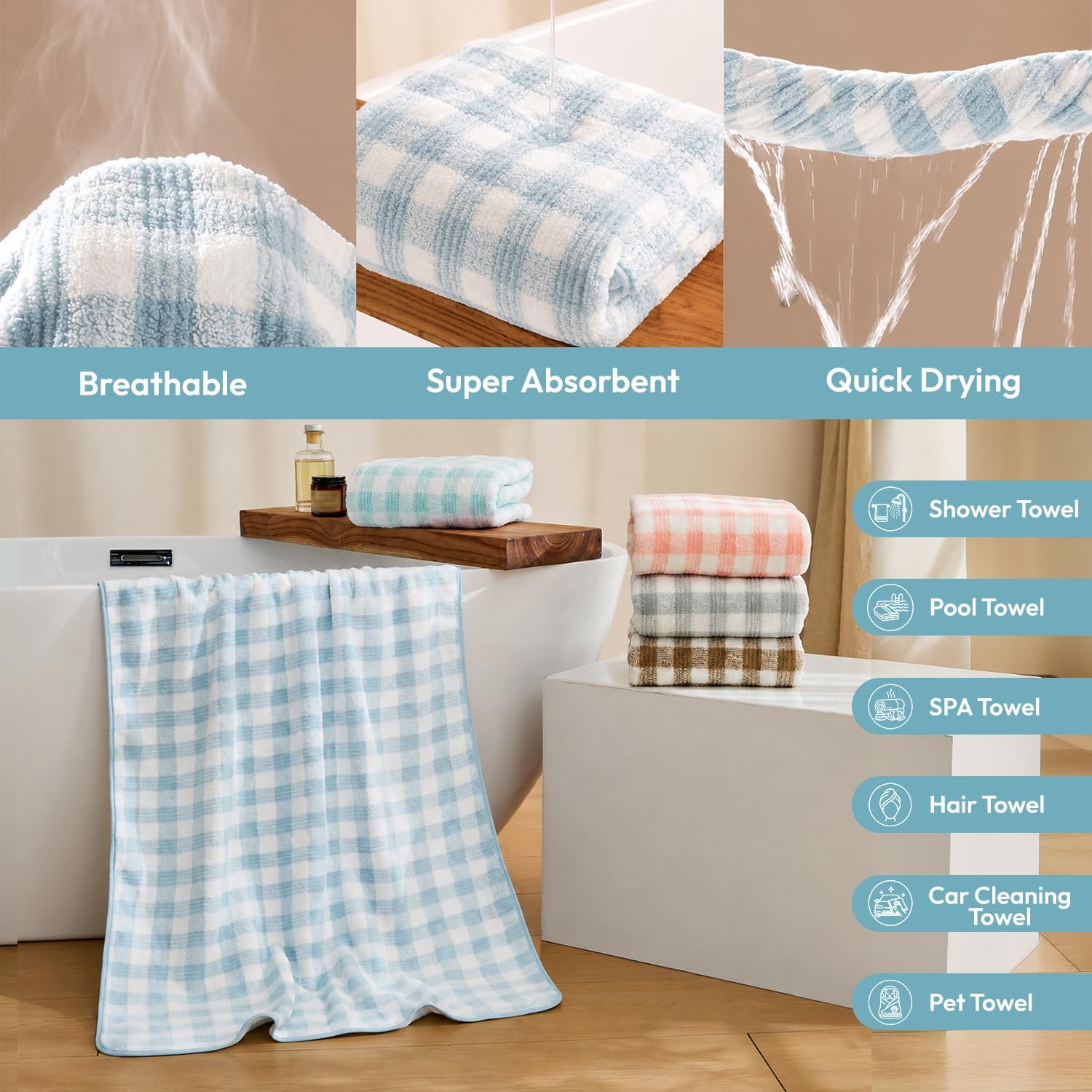 JML Bath Towels, 2 Pack, 27x55 in, Microfiber, Cationic Plaid Blue image 4