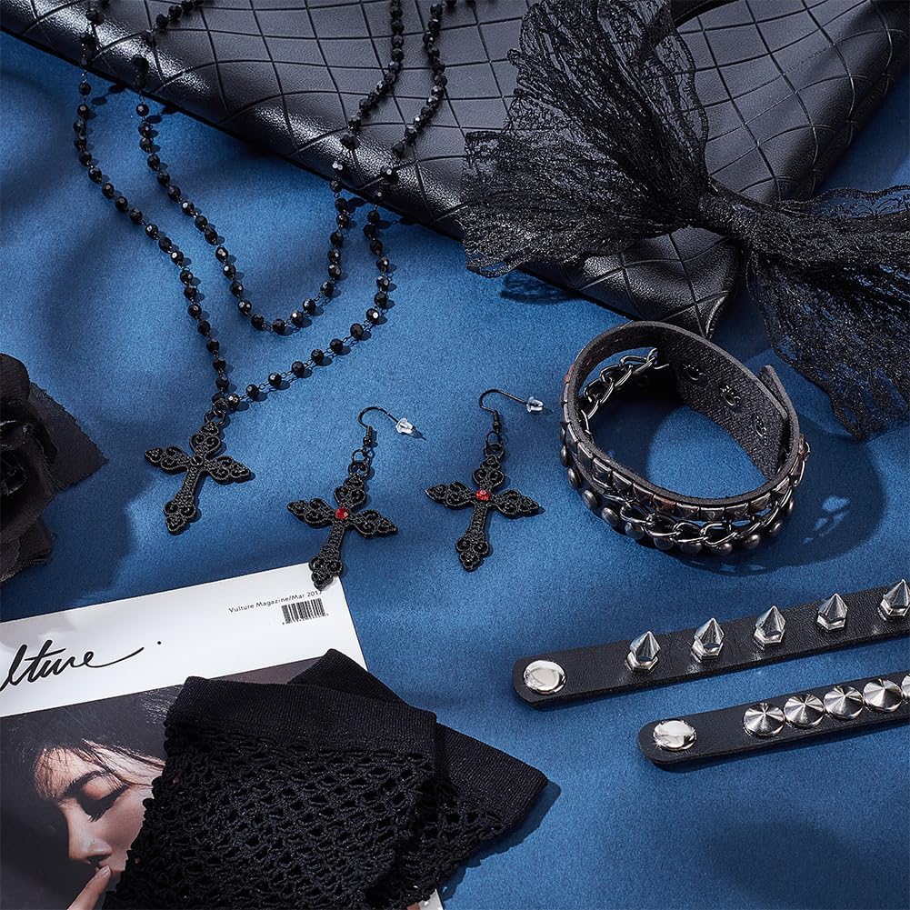 UNICRAFTALE 7Pcs 80s Women Costume Accessories PU Leather Rivets Punk Bracelets Black Cross Necklace Rhinestone Cross Dangle Earrings Lace Headband Fishnet Short Glove for Halloween Decorations - Image 2