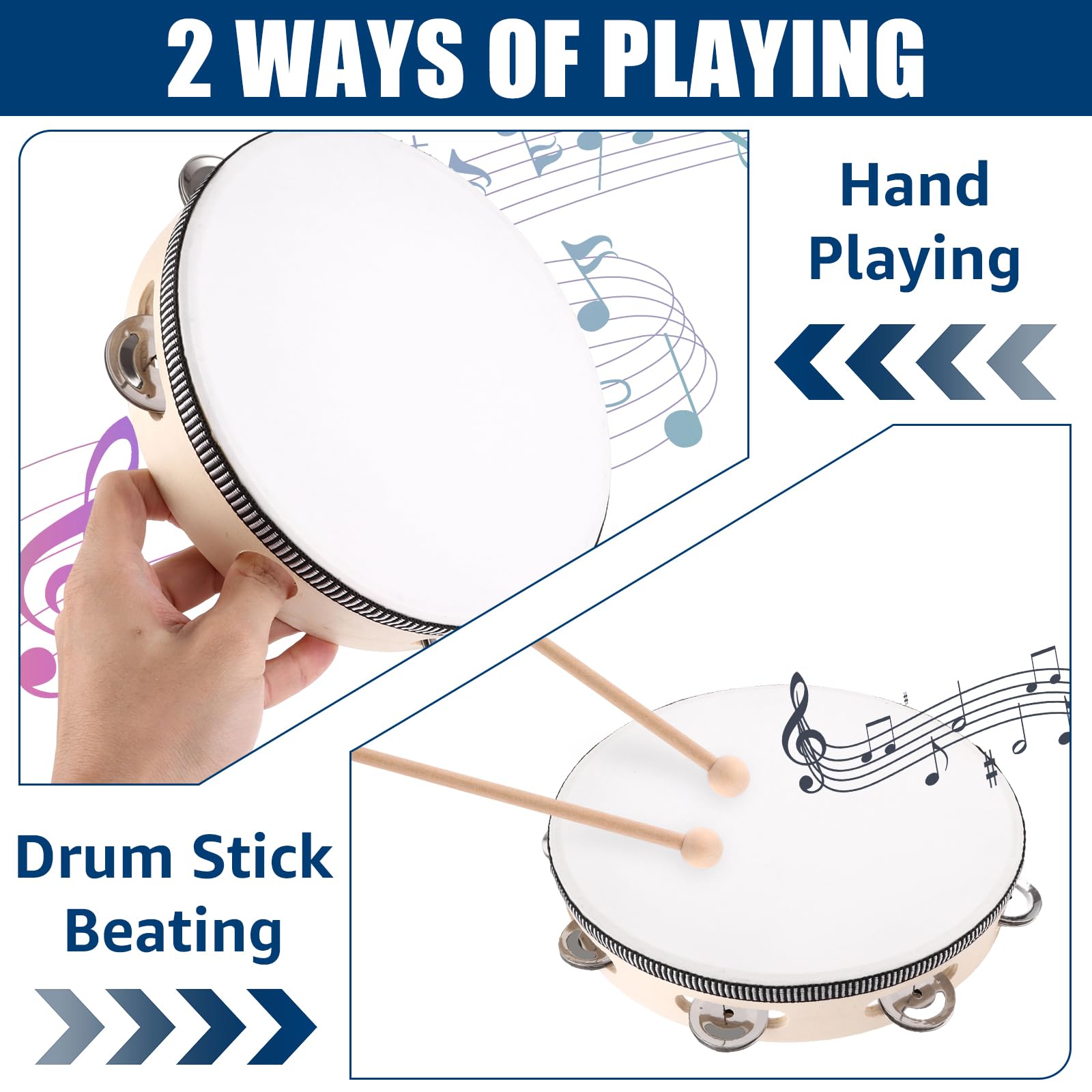 MIVIDE 4-Teilig Handtrommel mit Schlägel, Holz Tambourin, Handtrommel Set für Party, Leistungen(4zoll, 6zoll, 8zoll und 10zoll)