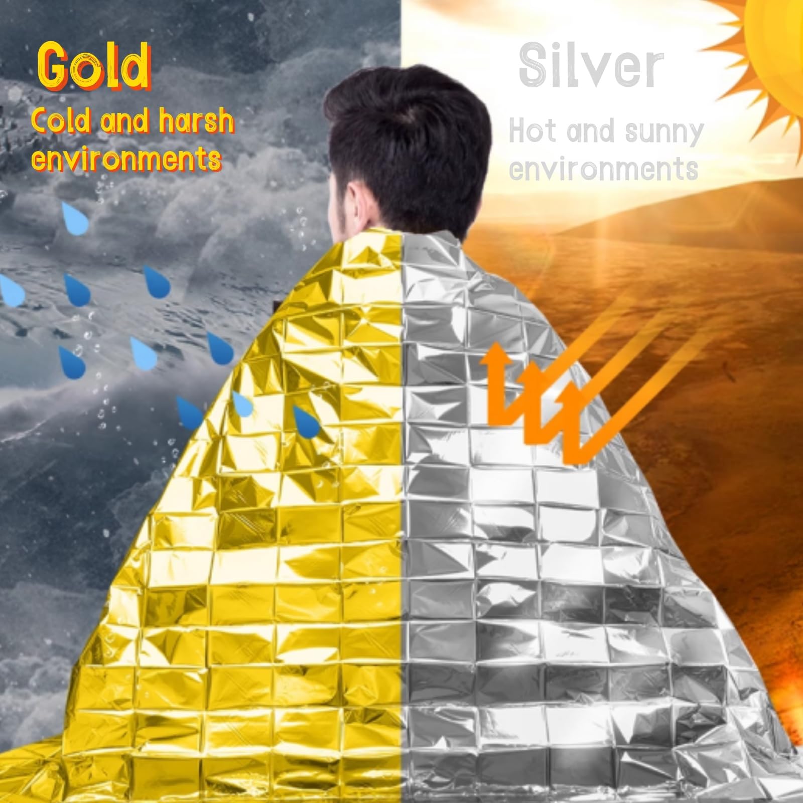 Manta de Rescate,Mantas de Emergencia,140x210cm Manta Termica Supervivencia,Manta Termica Oro Plata,Mantas Reflectantes de Supervivencia,con Silbato y Mosquetón,para Exteriores,Senderismo,4 Piezas